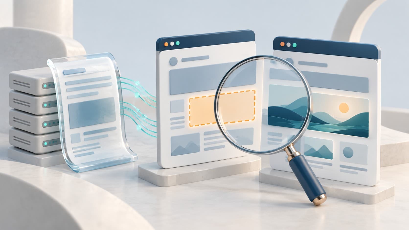Comparison of server HTML and a rendered page, with a missing content block under a magnifying glass